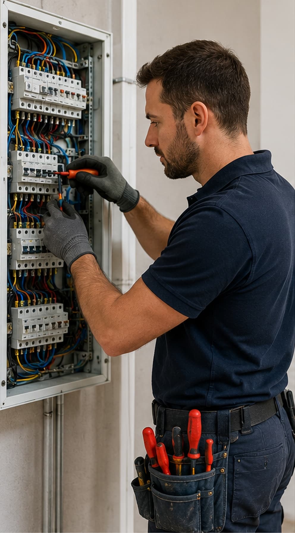 Électricien concentré, intervenant sur un tableau électrique avec ses outils
