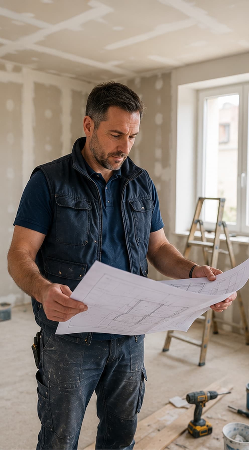 Entrepreneur de rénovation consultant un plan sur un chantier en cours