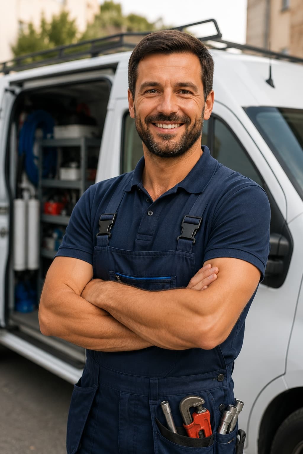 Plombier-chauffagiste souriant, bras croisés, devant sa camionnette d'intervention équipée